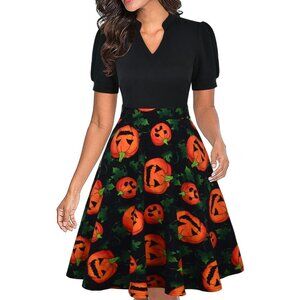 Women Halloween Short Puff Sleeve Flare Semi-Formal Summer Dress With Pockets